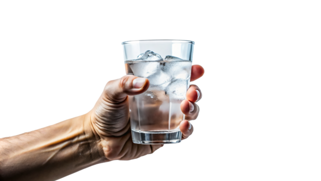 A close-up of a hand holding a clean glass filled with iced water