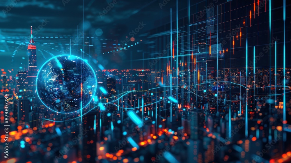Poster Futuristic cityscape with glowing globe and digital wave representing global technology and connectivity.