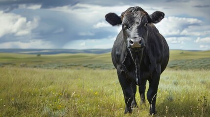 Close-up of a black angus cow standing in a lush green pasture on a stormy day