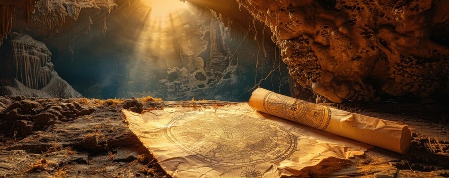 Ancient map spread on a weathered table, intricate details leading to hidden treasure, dimly lit cave in the background