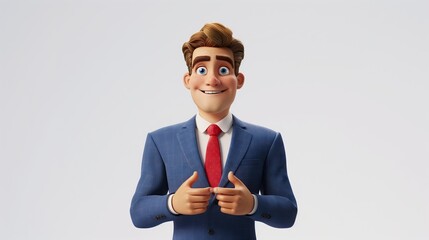 3D cartoon character of young man on white background. Man in blue suit and red tie with a smile.