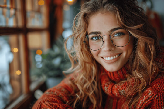 Happy young woman in red sweater using laptop at home smiling and laughing during video call learning online studying taking notes remote working from desk in living room near window with plant - Powered by Adobe