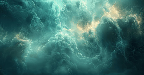 Abstract Dark Green and Cyan Smoke Background with Misty Atmospheric Lighting and Volumetric Rays of Ambient Light