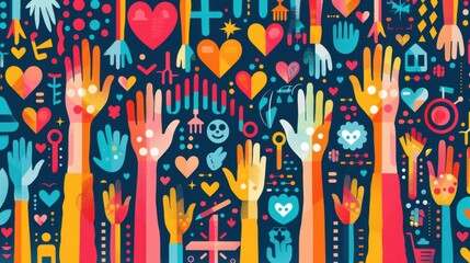 Concept of volunteering depicted through vibrant imagery of hands, hearts, and community symbols.