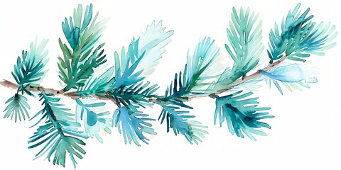 Blue and green pine tree branch with a white background. The branch is thin and long, and the needles are green