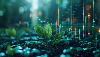 Green leaves overlaying a financial chart, symbolizing sustainable investment in eco-friendly finance and the green economy.