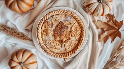 Boho top view Thanksgiving day with brown pumpkin pie and leaves