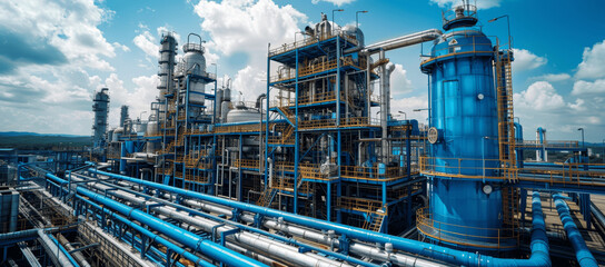 Fototapeta premium Large Hydrogen Power Plant with Steel Tanks Pipes and Blue Sky Clean Energy Concept