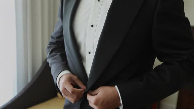 hombre vistiendo un traje de etiqueta antes de salir a un discurso.