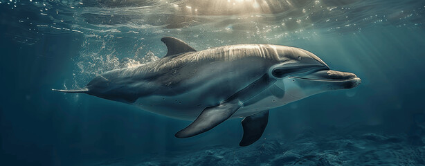 Fototapeta premium Dolphin swimming underwater with sunbeams and bubbles, ocean life in deep blue sea, hyper realistic photo