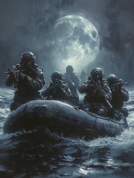 Special forces team navigating stormy seas in a tactical inflatable boat under the cover of night