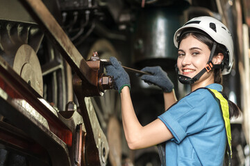 Engineer checking construction process railway and checking work on railroad station . Railway...
