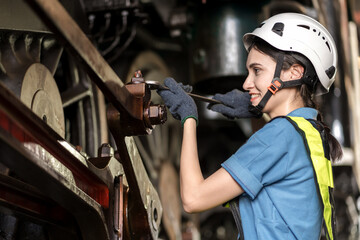 Engineer checking construction process railway and checking work on railroad station . Railway...