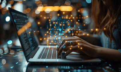 Businessman Using Laptop Phone for Customer Employee Manager Data on Virtual Screen Businesswoman Online Network User Profile Icons