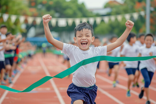 A young boy celebrates as he crosses the finish line at a school track event, his arms raised in victory, surrounded by cheering classmates