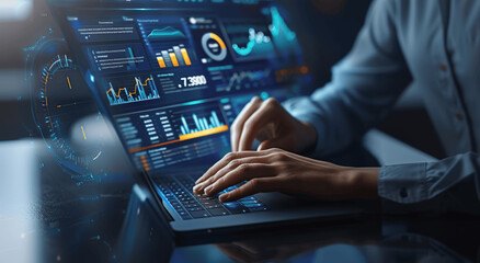 Business Professional Analyzing Real-Time Sales Data on Virtual Dashboard High-Resolution Hyper-Realistic Scene