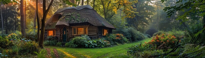 Quaint thatched cottage surrounded by lush garden, fairytale ambiance