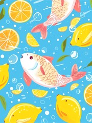 Illustration of cute fishes and lemons pattern, blue background.