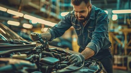 American automotive mechanic man open a car hood and check up the engine. Attractive vehicle service manager worker work in mechanics garage