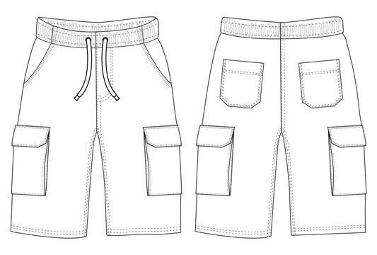 Mens three quarter shorts short pants front and back view flat sketch vector template illustration