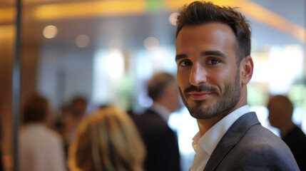 Fototapeta premium Businessman networking at a corporate event, highly professional photo picture with clear focus and engaging background, businessman, with copy space