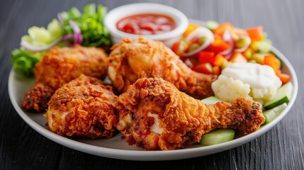 Crispy fried chicken drumsticks with fresh mixed vegetables and a side of dipping sauce on a white plate, perfect for a hearty meal.