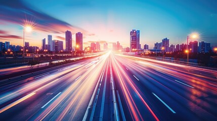 Fototapeta premium A city street with a bright orange sunset in the background. The street is filled with cars and the lights of the city