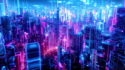 Fototapeta premium Night-time view of a neon-lit futuristic cityscape with towering skyscrapers.