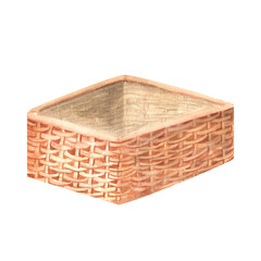 Empty square wicker basket for storage. Interior design illustration. Bedroom, living room design item. Hand-drawn watercolor illustration