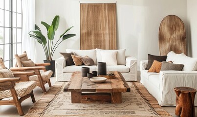 elegant boho-style living room with natural wood furniture, white sofas, and earthy tones under soft lighting