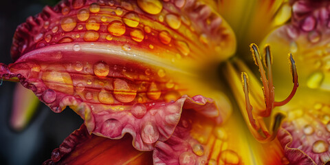 Taglilie helle Farben wirbelndes Muster mit Regentropfen