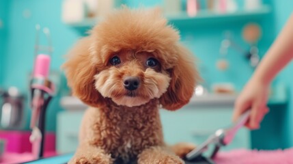 A cute poodle puppy with fluffy fur getting groomed at a professional pet salon