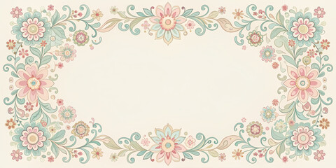 Whimsical pastel frame with ornate details and soft colors, adorned with floral patterns, perfect for adding text and creating a stylish and elegant design.