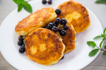Fried curd cheese pancakes with black currants, on a wooden table