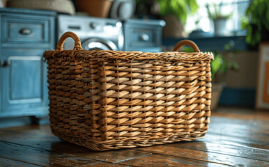 Obraz premium Wicker Basket in Laundry Room with Washing Machine Background Close Up Shot Stock Photo
