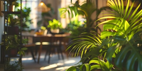 Fototapeta premium Urban apartment with cozy biophilic design featuring indoor plants and tropical vibes. Concept Urban Living, Cozy Biophilic Design, Indoor Jungle, Tropical Vibes, Apartment Plants