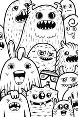 Naklejka premium Hand-drawn illustrations, monsters doodle, Hand Drawn cartoon monster illustration,Cartoon crowd doodle hand-drawn Doodle style.black and white stripes coloring book.