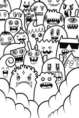 Hand-drawn illustrations, monsters doodle, Hand Drawn cartoon monster illustration,Cartoon crowd doodle hand-drawn Doodle style.black and white stripes coloring  book.