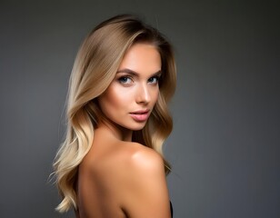 Naklejka premium Close-up of a beautiful blond model almost with her back turned and her head turned towards the lens. 