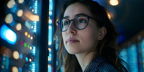 Female engineer in glasses working on cybersecurity maintenance in data center at night. Concept Cybersecurity Maintenance, Data Center, Night Shift, Female Engineer, Glasses