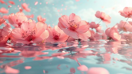 Beautiful pink cherry blossoms floating on water under a clear sky, creating a serene and peaceful atmosphere.