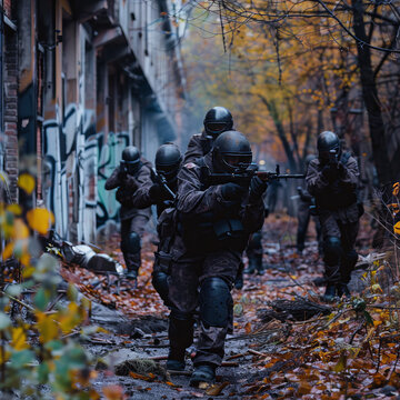 professional soldiers playing paintball together as a team