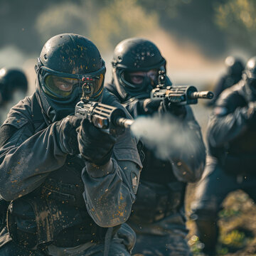 professional soldiers playing paintball together as a team