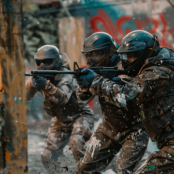 professional soldiers playing paintball together as a team