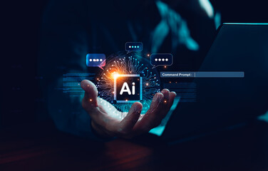 Ai tech, Businessman show virtual graphic global Internet connect, Chatbot Chat with AI, Artificial...
