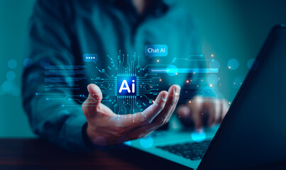 Ai tech, Businessman show virtual graphic global Internet connect, Chatbot Chat with AI, Artificial Intelligence. Using command prompt for generates something, Futuristic technology transformation.