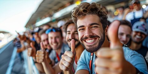 Crowd of cheerful fans giving thumbs up at a sports event