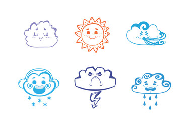 A collection of adorable vector stickers with cartoon suns and clouds. Each sticker is isolated from the background, making them ideal for use in a variety of creative projects.