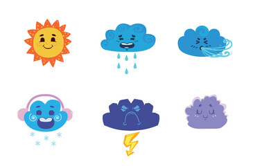 A collection of adorable vector stickers with cartoon suns and clouds. Each sticker is isolated from the background, making them ideal for use in a variety of creative projects.