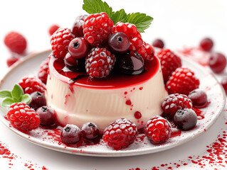 Panna Cotta with Berry Coulis Red Jelly and Fresh Berries Dessert